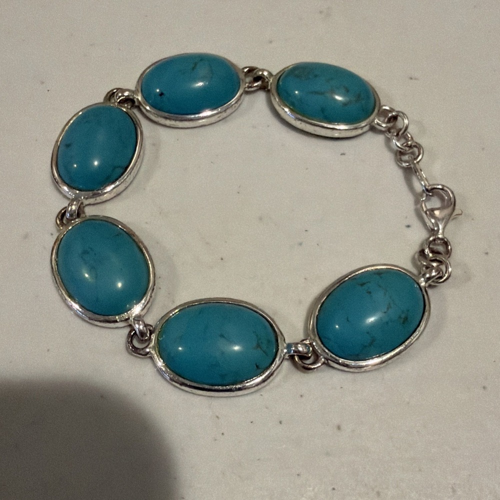 Vtg 925 Sterling Silver Turquoise Oval Cabochon Link Bracelet 7.5". 18g